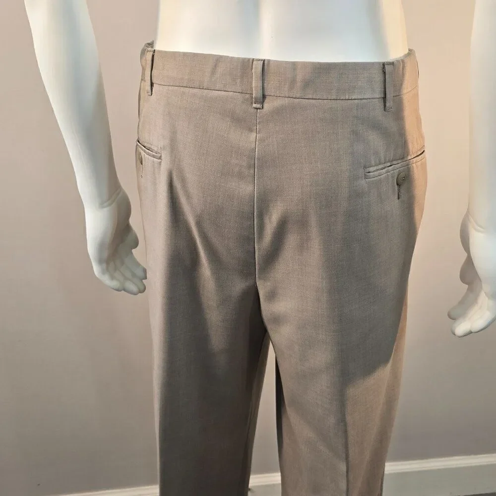 Haggar Dress Pants Mens 38 x 27 Beige Classic Fit Pleated Front Cuffed Adj Waist